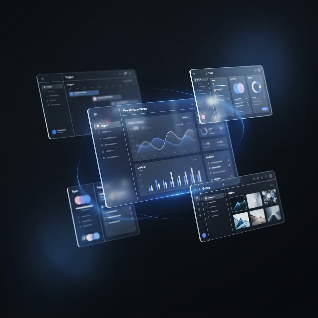 Composição abstrata de interfaces premium com brilho azul